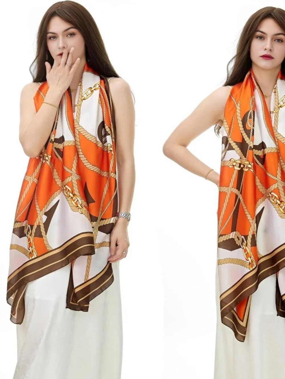 Women's Orange Chain Long Skinny Silky Lightweight Sunscreen Shawls Wraps